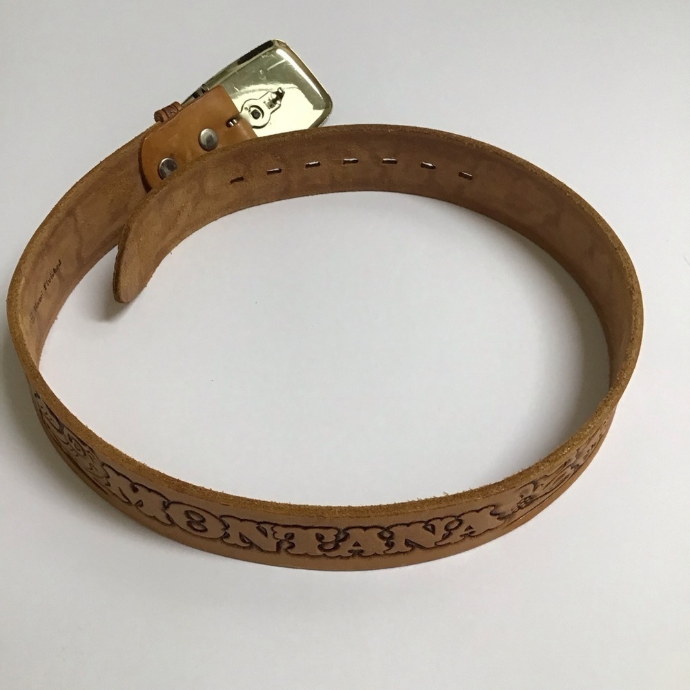 Montana Leather Belt SZ 28 Tooled Tan Western Wagon Buckle Kalispell MT Vintage - Picture 9 of 16